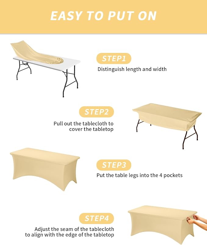 Fixwal Champagne Stretch Table Cloth Rectangle 2 Pack 6Ft, Spandex Fitted Table Covers Washable for Party, Trade Show, Banquet, Wedding, Buffet