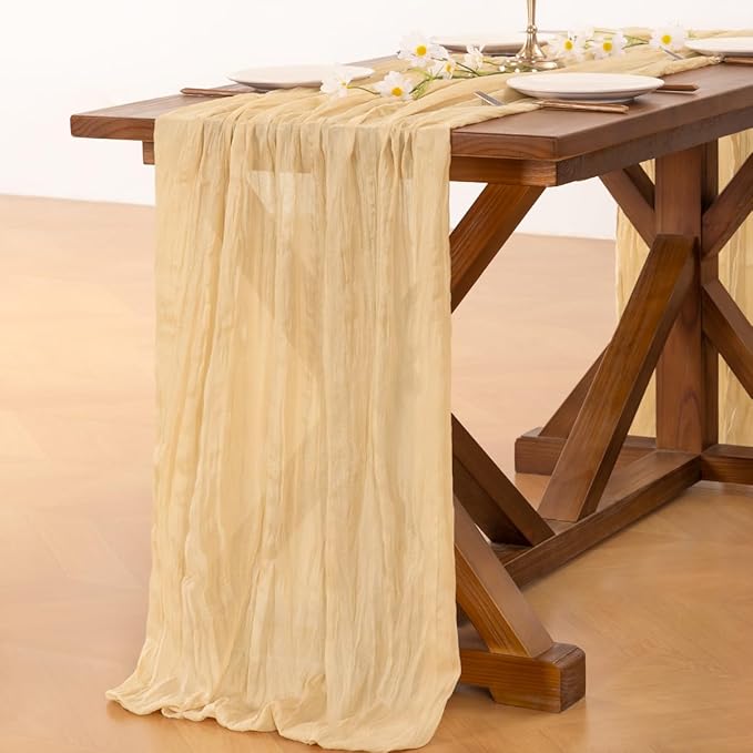 Socomi 6pcs Gold Champagne Cheesecloth Table Runner Summer Boho Rustic Gauze 120 inch 10FT Cheese Cloth Sheer Runner for Wedding Party Baby Shower Birthday Home Decor Holiday Decorations