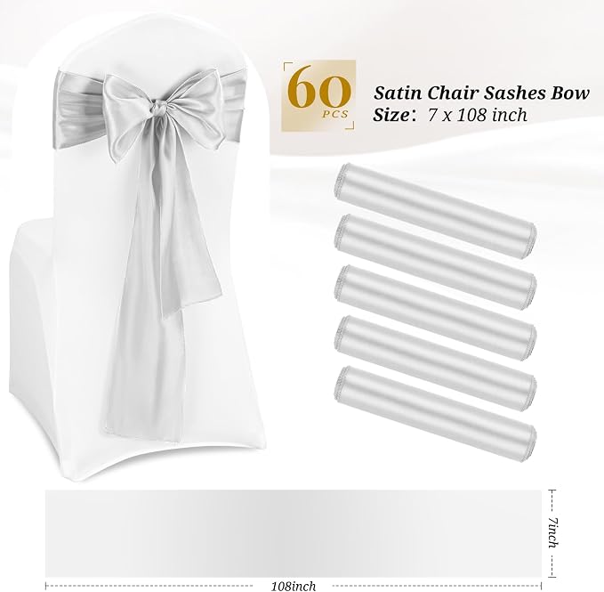 Pesonlook 60 PCS Silver Satin Chair Sashes Bows Satin Chair Sashes Universal Chair Cover for Wedding Reception Restaurant Event Decoration Banquet,Party,Hotel Event Decorations (7 x 108 inch)