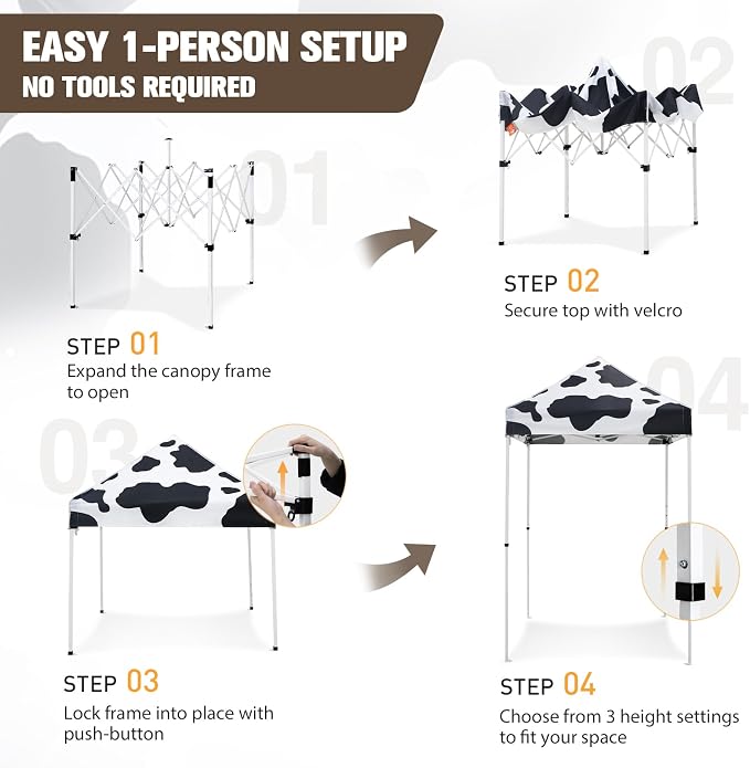 EAGLE PEAK 5x5 Pop Up Canopy Tent Instant Outdoor Canopy Easy Set-up Straight Leg Folding Shelter, Cow Print