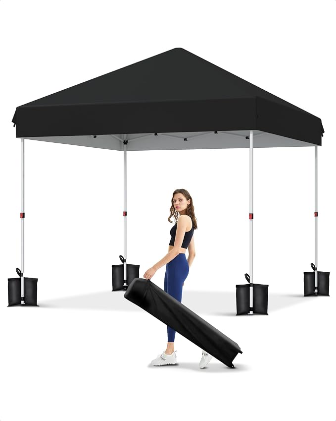 GarveeLife 10x10 Pop Up Canopy with One Button Push Setup - Heavy Duty Outdoor Canopy Tent with Portable Roller Bag - 3 Adjustable Height, 4 Weight Bags, 8 Stakes & 4 Guy Ropes Included, Black