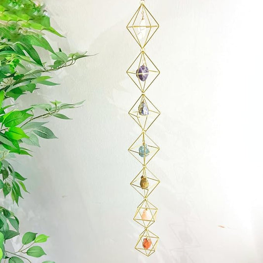 7 Chakra Raw Crystal Hanging Ornament Gift, Spiritual Boho Decor, Gold Rhombus Cage Natural Stones Amethyst Suncatcher, Rose Quartz Healing Genuine Crystal (Gold Rhombus)