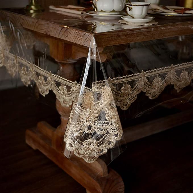ARTABLE Vinyl PVC Rectangle Tablecloth Waterproof Clear Table Cover with Champagne Lace Macrame Border for Wedding Kitchen Home Outdoor Indoor Holidays Party Decor (Champagne, 60 x 140 Inch)