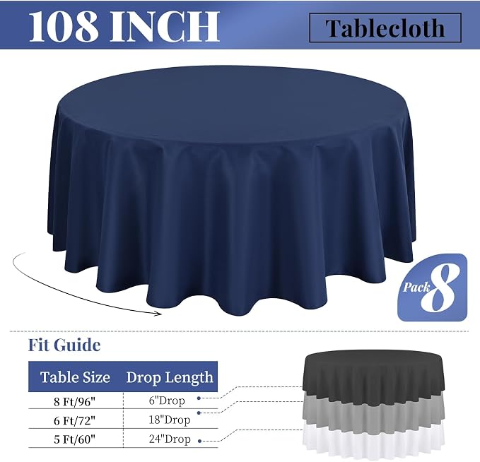 8 Packs Navy Blue Round Tablecloth - 108 Inch, Premium Polyester Table Cloth for Round Tables, Washable Fabric Table Covers for Wedding, Party, Banquet, Dining Tables and Camping