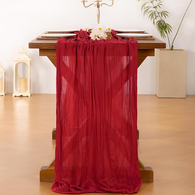Socomi 3pcs Red Summer Cheesecloth Table Runner Boho Rustic Gauze 120 inch 10FT Cheese Cloth Sheer Runner for Wedding Party Baby Shower Birthday Home Decor Holiday Decorations