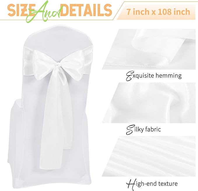 120 PCS White Satin Chair Sashes, Ties Bows Designed Chairs Decorative, Chair Cover Sashes for Thanksgiving Wedding Christmas Banquet Party Home Kitchen Decoration (7 x 108 inch)