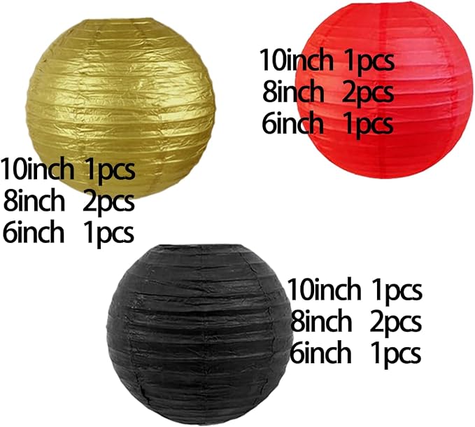 CC wonderland zone 12pcs Red Black and Gold Paper Lanterns,Hanging Paper Lanterns for Casino Theme Birthday Party Decorations