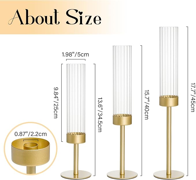 Gold Hurricane Candle Holders Set of 3, Brass Taper Candle Holders for Candlesticks, Elegant Tall Candle Sticks Holder Decor for Table Centerpiece, Wedding & Christmas Decorations