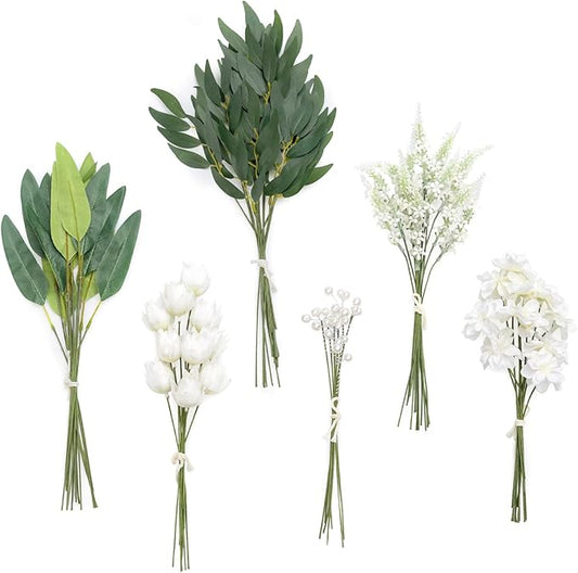 Ling's moment Artificial Greenery Stems Box Set, 86pcs with 6 Kinds of Faux Greenery Picks for DIY Bridal Bouquets Wedding Floral Arrangement Table Centerpieces, Green & White