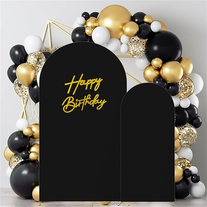 HAINARverS 6FT/7.2FT Black Arch Backdrop Cover Spandex with Glitter Gold Happy Birthday Sign for Wedding Birthday Party Ceremony Banquet Decoration(Black)