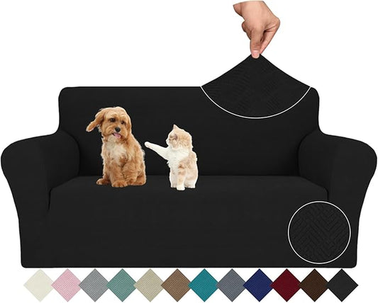 JIVINER Stretch Loveseat Slipcovers 1 Piece Love Seat Sofa Cover Spandex 2 Seater Couch Covers Universal Furniture Protector with Elastic Bottom (Black, Loveseat)