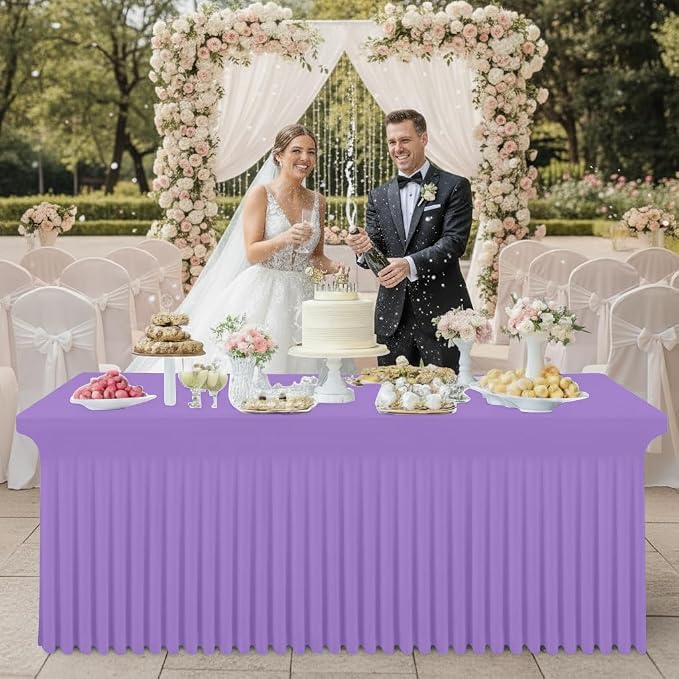 Smiry Spandex Tablecloth 2 Pack, Elastic Fitted Stretch Tablecloth for 8FT Rectangle Tables, Waterproof Washable Table Cover Skirt for Wedding, Banquet & Parties (Lavender, 96Lx30Wx30H Inch)