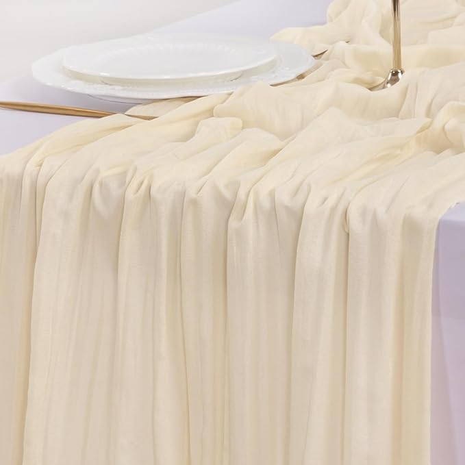 Socomi 3pcs Beige Summer Cheesecloth Table Runner Boho Rustic Gauze 120 inch 10FT Cheese Cloth Sheer Runner for Wedding Party Baby Shower Birthday Home Decor Holiday Decorations