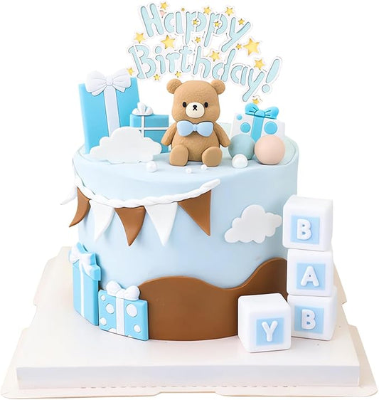 Birthday Bear Cake Toppers Set - Sitting Bear, "B“”a“”b“”y" Letter Blocks, "Happy Birthday" Star Sign, and Decorative Foam Balls for Celebrations