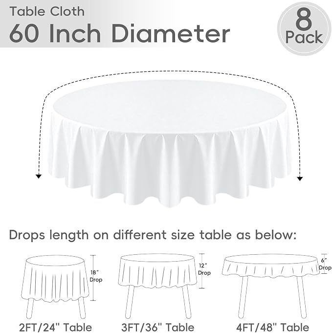 8 Pack White Round Tablecloth 60 Inch White Table Cloth for Round Tables, Reusable and Washable Polyester Tablecloth Stain Wrinkle Resistant Decorative Table Cover for Wedding Party Dining Banquet