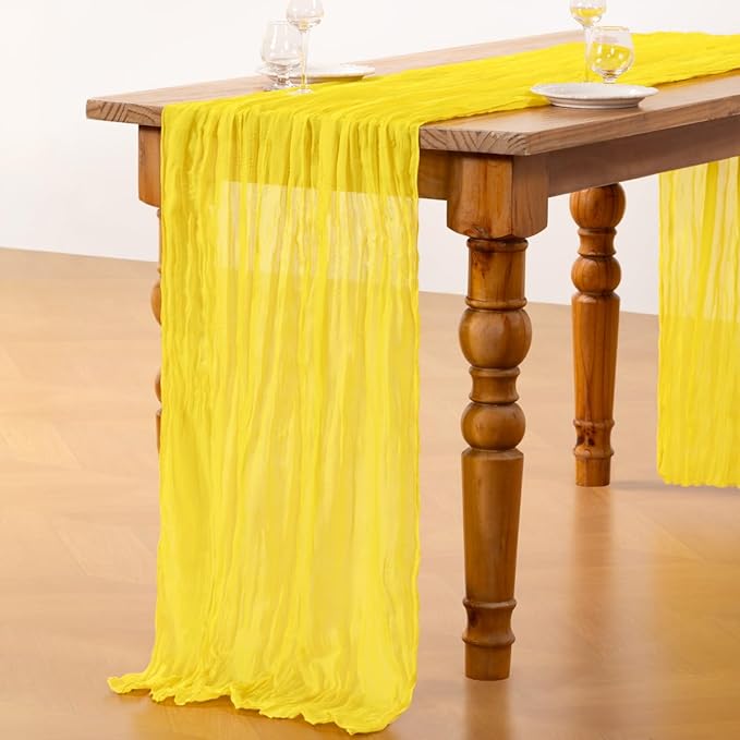 DeZerlor Lemon Yellow Cheesecloth Table Runner 6 Pack Spring Easter Table Runners Boho Gauze 120 Inches Yellow Cheese Cloth Table Decor for Wedding Bridal Baby Shower Parties
