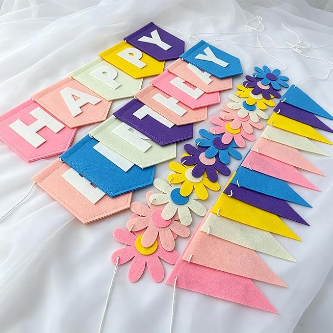 Yancan Colorful Happy Birthday Banner for Girls Women Party Decoration | Pre-strung Felt Happy Birthday Banner, Flowers Garland, Triangle Flags