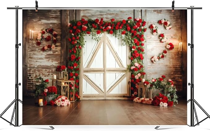 10x6ft Red Rose Brick Wall Wood Door Backdrop for Wedding Bridal Shower Party Decorations Mother’s Day Valentine's Day Engagement Backdrops Portrait Photo Booth Props