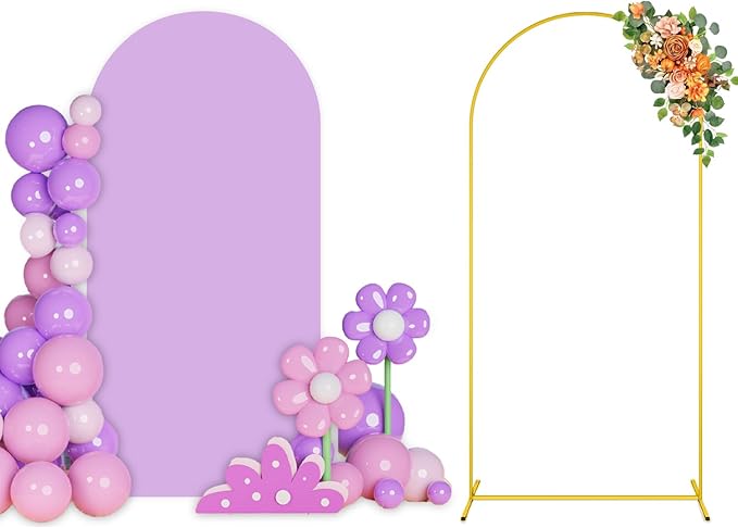7.2 FT Wedding Arch Backdrop Stand and Arch Cover Gold Metal Arched Backdrop Frame Stand with Lilac Spandex Arches Covers Stretchy Backdrops for Birthday Baby Shower Party Ceremony Decor
