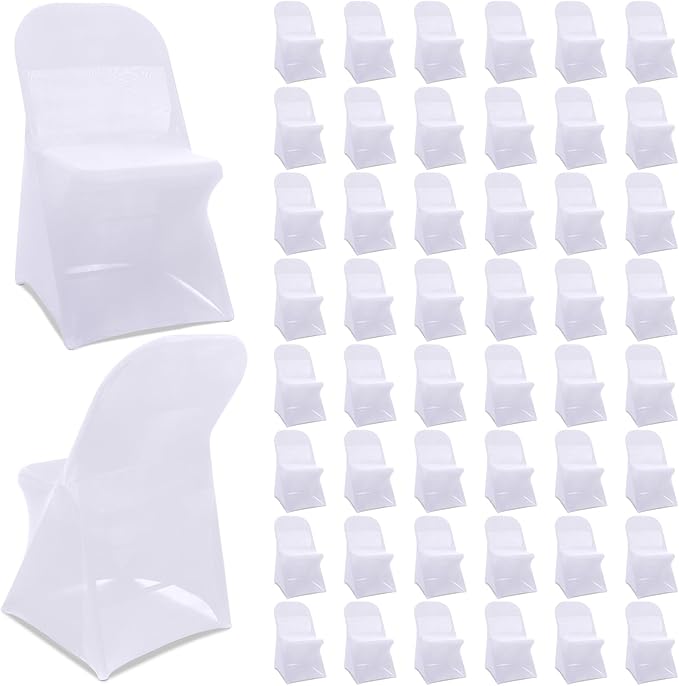 Newwiee 50 Pcs Spandex Chair Covers Bulk - Stretch Folding Flat Front Fitted Universal Chair Protector Pack Removable Washable for Wedding Party Dining Banquet Event (White)