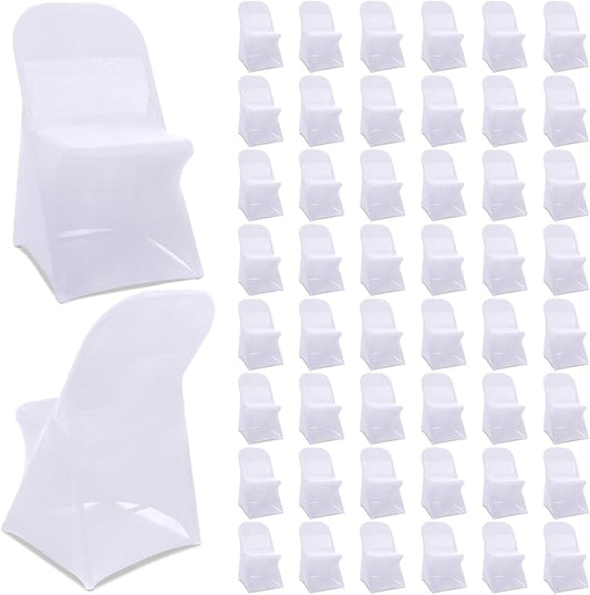 Newwiee 50 Pcs Spandex Chair Covers Bulk - Stretch Folding Flat Front Fitted Universal Chair Protector Pack Removable Washable for Wedding Party Dining Banquet Event (White)