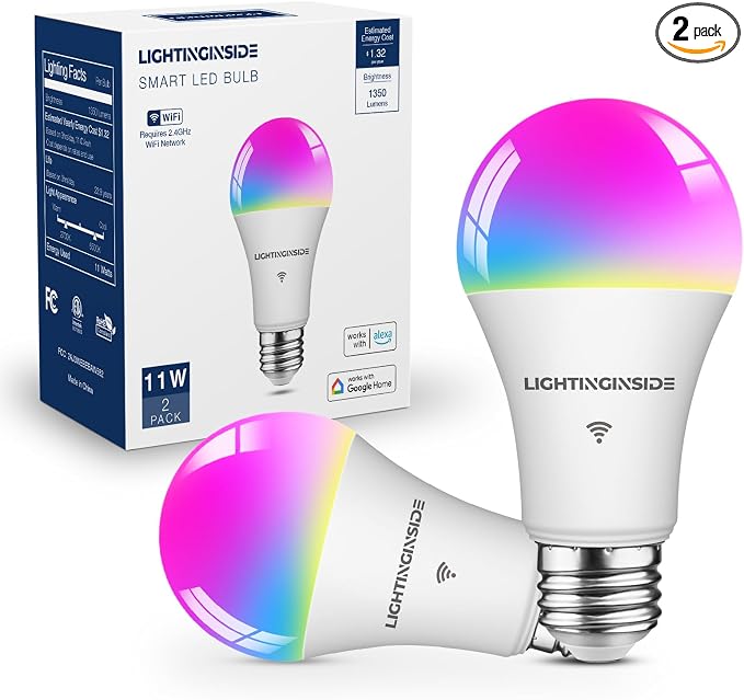 Lightinginside Smart Light Bulbs 100W Equiv., 1350LM 11W Smart Bulb Works with Alexa/Google Home/SmartLife, A19 E26 RGBCW Color Changing Bulbs, No Hub Required, 2.4G WiFi & BLE Bulb, ETL Listed, 2PCS
