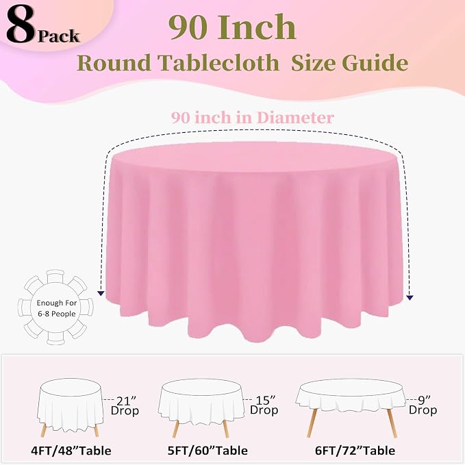 8 Pack Pink Round Tablecloth 90 Inch Round Table Cloth, Wrinkle Resistant and Washable Tablecloth Polyester Fabric Table Cloth Round Cover for Dining Wedding Banquet Party