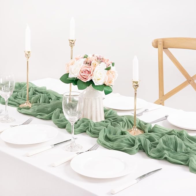MLMC 2 Pack Sage Green Table Runner 10ft Rustic Gauze Cheesecloth Table Runner Sage Cheese Cloth Centerpiece Decor 35x120 Inches for Boho Wedding Bridal Shower Party Decor