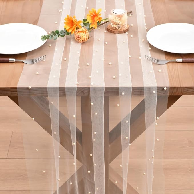 Light Peach Pearl Table Runner Boho Rustic Tulle Lace Dining Baby Shower Wedding Arch Decor Veil Dessert Holiday Centerpiece Table Decor