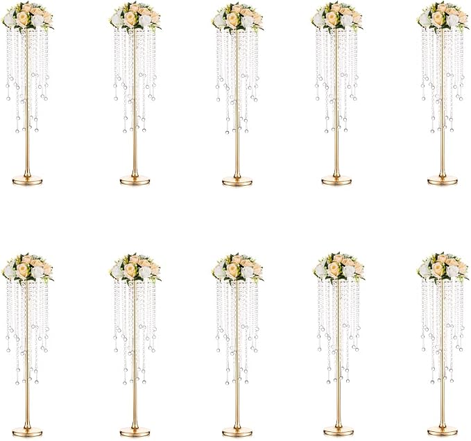 Metal Gold Vase, 29.6'' Tall, Chandelier Crystal, Elegant Design, Rust Resistant, Ideal for Wedding, Reception, Party, Events, Home Decor, 10 Pcs