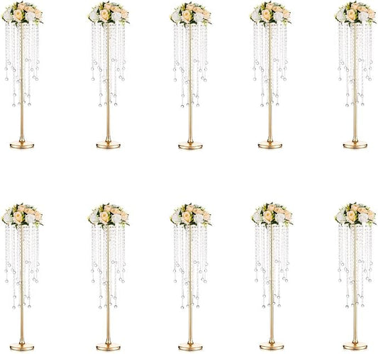 Metal Gold Vase, 29.6'' Tall, Chandelier Crystal, Elegant Design, Rust Resistant, Ideal for Wedding, Reception, Party, Events, Home Decor, 10 Pcs