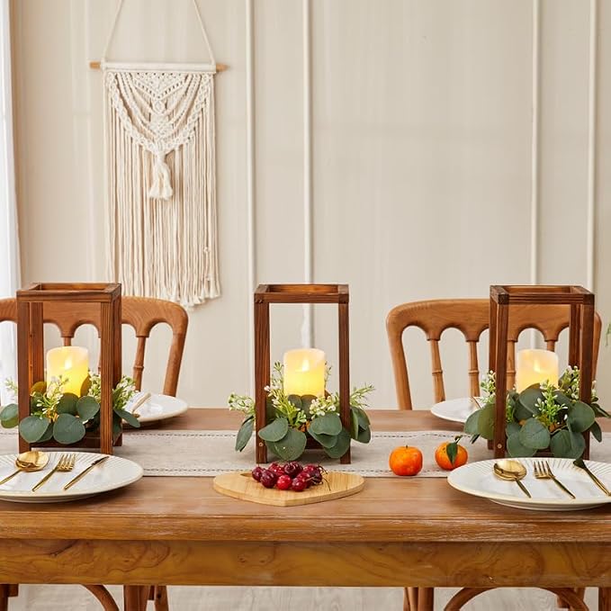 42 Pcs /14 Set Wooden Wedding Lantern Centerpiece-Wooden Candle Lantern Bulk Includes 14 Farmhouse Wooden Candle Holder 14 Flameless LED Candles 14 Eucalyptus Leaves Wreath for Decoration