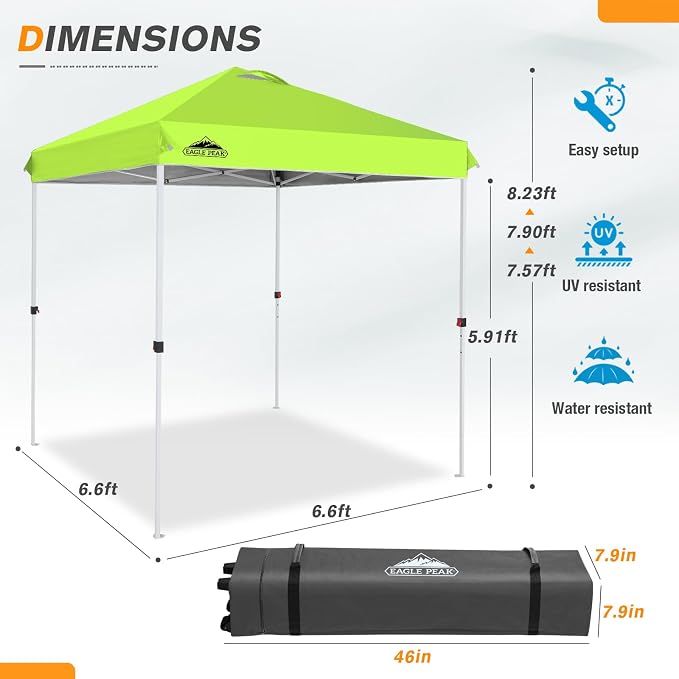 EAGLE PEAK Pop Up Canopy Tent with Wheeled Carry Bag, 8 Stakes, 4 Ropes, Easy Set Up Tent Canopy, 6.6x6.6 ft, Neon Green