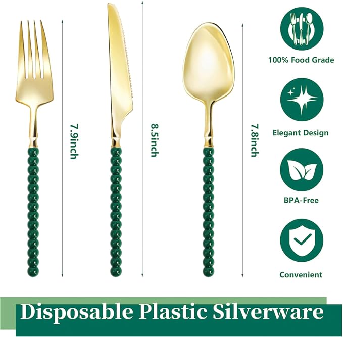 150 Pcs Gold Plastic Silverware,Gold Plastic Utensils with Green Beads Handle,Fancy Disposable Cutlery Set Include 50 Forks 50 Knives 50 Spoons for Party & Christmas