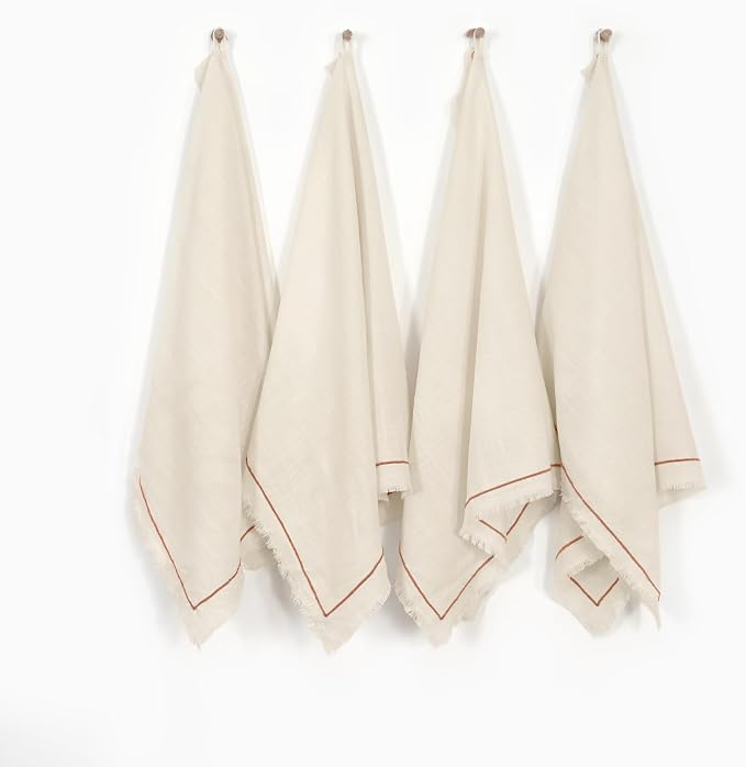 Linen World Dish Towels Set of 4, 20 x 28 Inch Linen Blend Kitchen Towel, Frayed Edge, Embroidered Border, Absorbent Large Tea Towels-Sand Beige