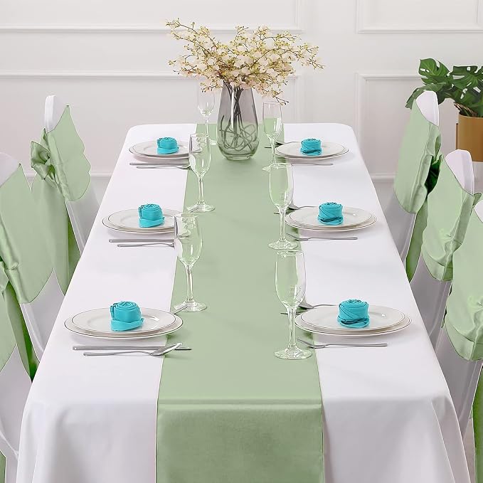 Horbaunal 24 Pack Sage Green Satin Table Runner 12 x 108 Inch, Smooth Table Runners for Wedding Banquets Birthday Party