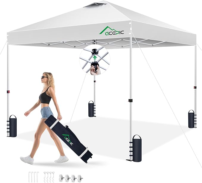 Acepic 10x10 Pop Up Canopy Tent, One Push Instant Outdoor Gazebo with Vented Top, Upgraded 300D Silver Coated Sun Shade for Parties Camping Vendor, Includes Wheeled Bag and 4 Sandbags, White