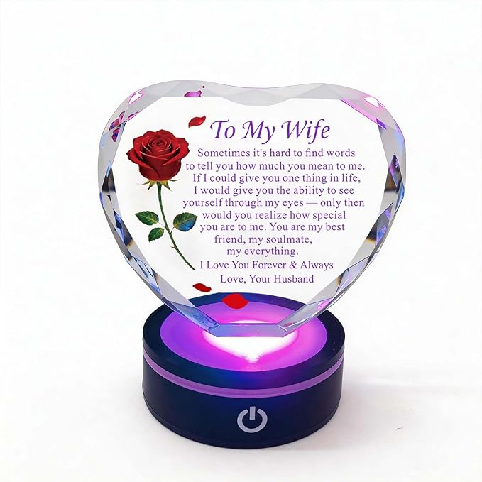 Anniversary and Birthday Gifts for Women Wife, Heart Shaped Crystal Keepsake with Rose and Love Letter Engraving, Color Changing LED Base,Romantic Christmas Valentine's Day Gifts for Wife from Husband (Red Rose - Multicolor LED)