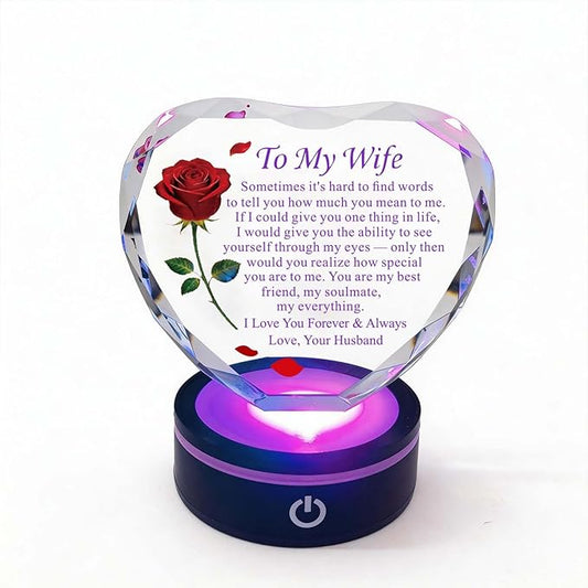Anniversary and Birthday Gifts for Women Wife, Heart Shaped Crystal Keepsake with Rose and Love Letter Engraving, Color Changing LED Base,Romantic Christmas Valentine's Day Gifts for Wife from Husband (Red Rose - Multicolor LED)