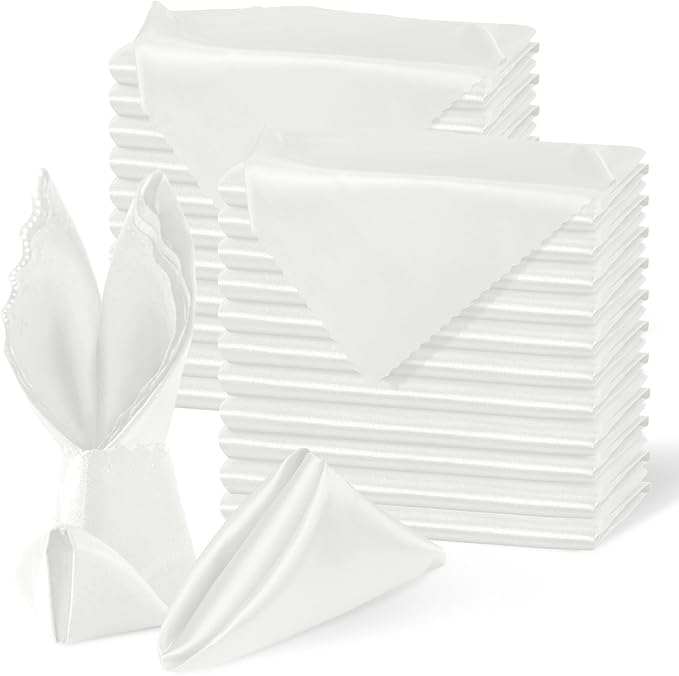 Homiest 100 Pack White Satin Napkins - 17x17 Inches Scalloped Square Dinner Napkins for Wedding, Restaurant, Banquet & Party
