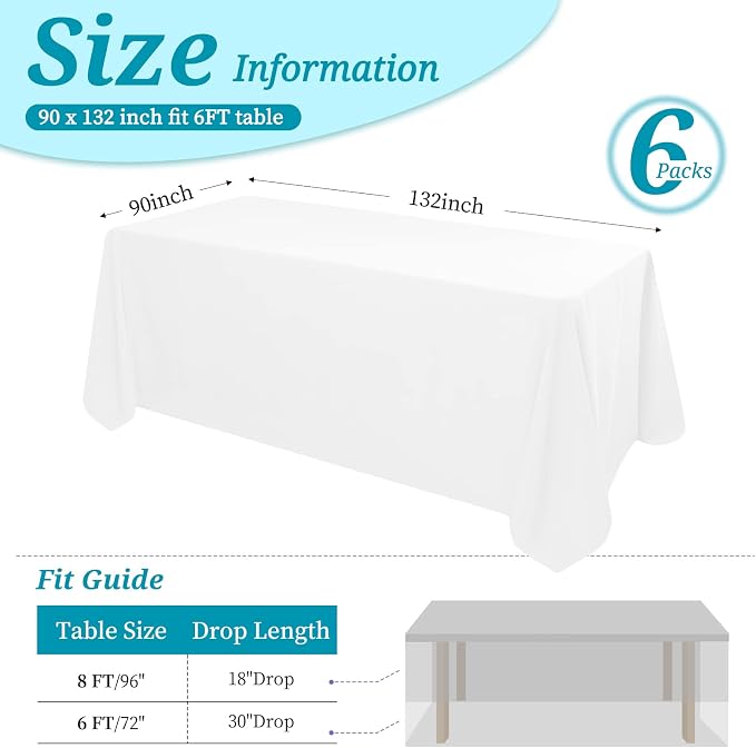 6 Pack Tablecloth 90 x 132 inch Polyester Table Cloth for 6 Foot Rectangle Tables,Stain and Wrinkle Resistant Washable Fabric Table Covers Polyester White Tablecloths for Wedding,Party,Banquet