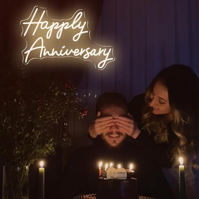 25X17" Large Happy Anniversary Neon Sign with Remote Dimmer, LED Celebratory Neon Lights Sign for Wedding Anniversary Party Wall Decor, Dimmable Light Up Sign for Livingroom, Bar, Shop, Warm White