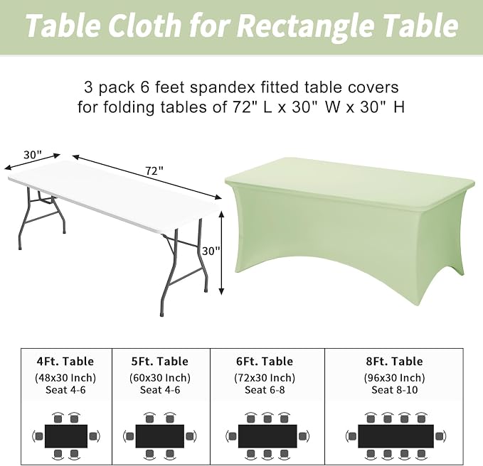 Fixwal 3 Pack Sage Green Tablecloth Rectangle 6Ft, Stretch Spandex Fitted Table Cover for Party, Trade Show, Wedding, Buffet, Graduation, Vendor Stand