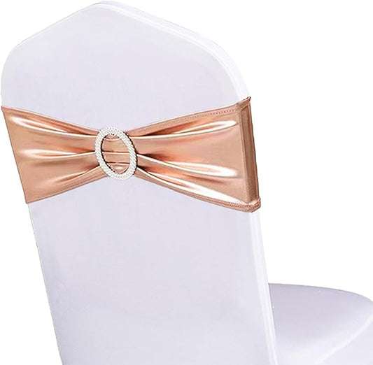 Spandex Rose Gold Chair Sashes Bows 100 Pack Pink Gold Chair Bands with Buckle for Wedding Birthday Party Bridal Shower Anniversary Engagement Events Decorations