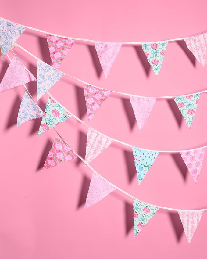 xo, Fetti Tea Party Bunting Banner - 32 Pieces 30ft | Garden Party Garland, Pastel Floral Decor, Birthday, Easter Pennants, Spring, Mother's Day, Pink Blue Purple