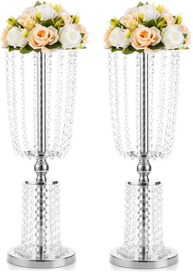 2 Pcs 23.75 inches Tall Crystal Metal Vase Flower Stand Holders Wedding Centerpiece Chandelier for Reception Tables Wedding Supplies