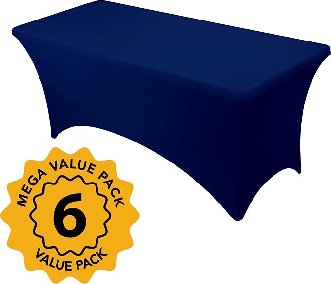 6-Pack Premium Navy Blue Spandex Tablecloths for 6ft Rectangle Tables, Stain & Wrinkle-Resistant, Washable Stretch Polyester Fitted Table Cover for Weddings, Banquets, Trade Shows Events