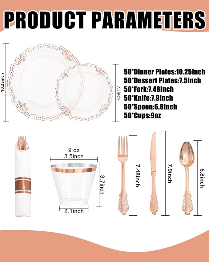Ciaell 350 PCS Rose Gold Plastic Plates - Rose Gold Disposable Plates Dinnerware Include 50 Disposable Plate, 50 Heavy Duty Silverware, 50 Cups, 50 Napkins for Wedding & Anniversary & Mother's Day