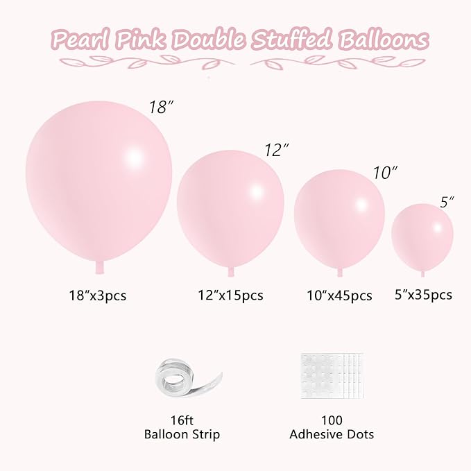 Pastel Light Pink Balloons, 98PCS Double Stuffed Pink Balloon Garland Arch Kit, 18/12/10/5 Inch Different Sizes for Birthday Baby Shower Birthday Gender Reveal Bridal Party Decorations