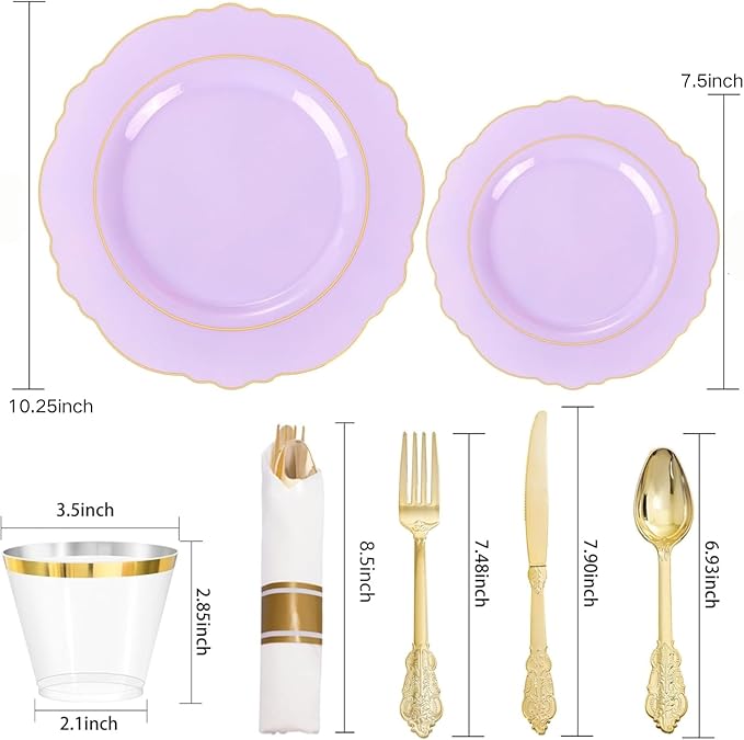 Liacere 350PCS Purple Plastic Plates - Disposable Lavender Plates 50guest Plastic Dinnerware include 100Light purple Plates,50Pack Pre Rolled Napkins Silverware 50Cups for Wedding & Mothers Day